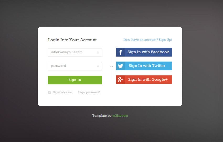 Facebook Twitter Google Login Page by w3layouts